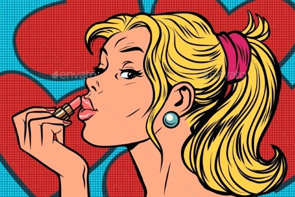 Girl Singing Drawing Blonde Paints Lips with Lipstick Vector Pop Pop Art