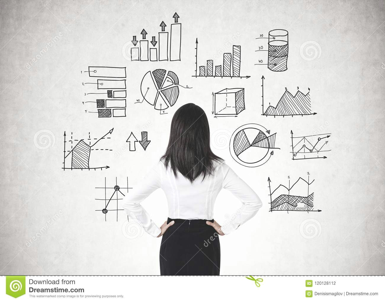 Girl Standing Back View Drawing Businesswoman with Hands On Waist Data Graphs Stock Photo