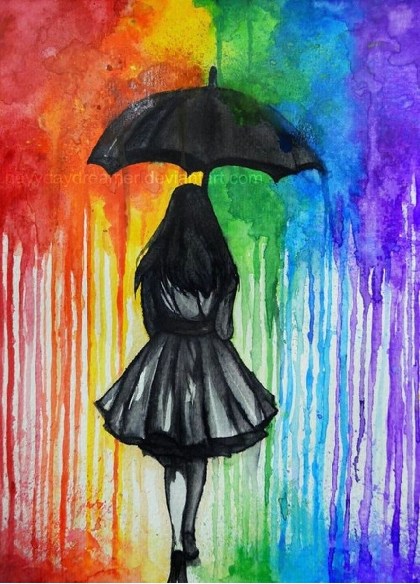 Girl Walking Drawing Walk Away Umbrella Art Rainbow Art Art Projects