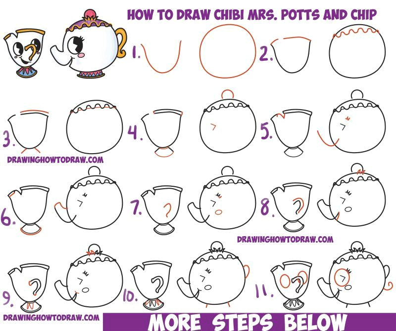 How to Draw Chibi Easy for Beginners How to Draw Cute Kawaii Chibi Mrs Potts and Chip From