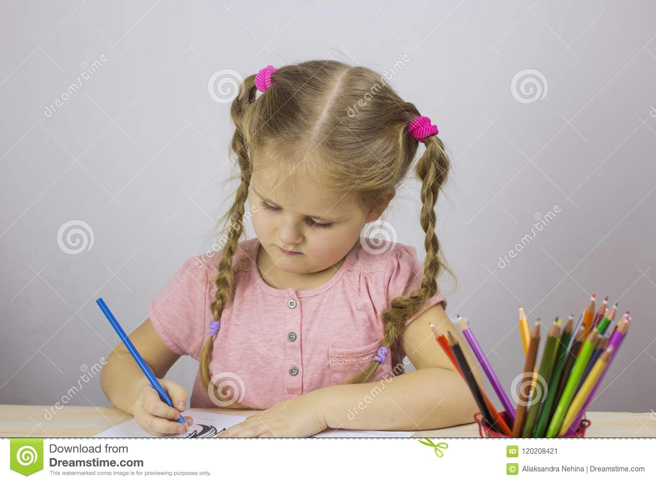 Little Baby Girl Drawing Young Girl Draws with Colored Pencils Education Concept