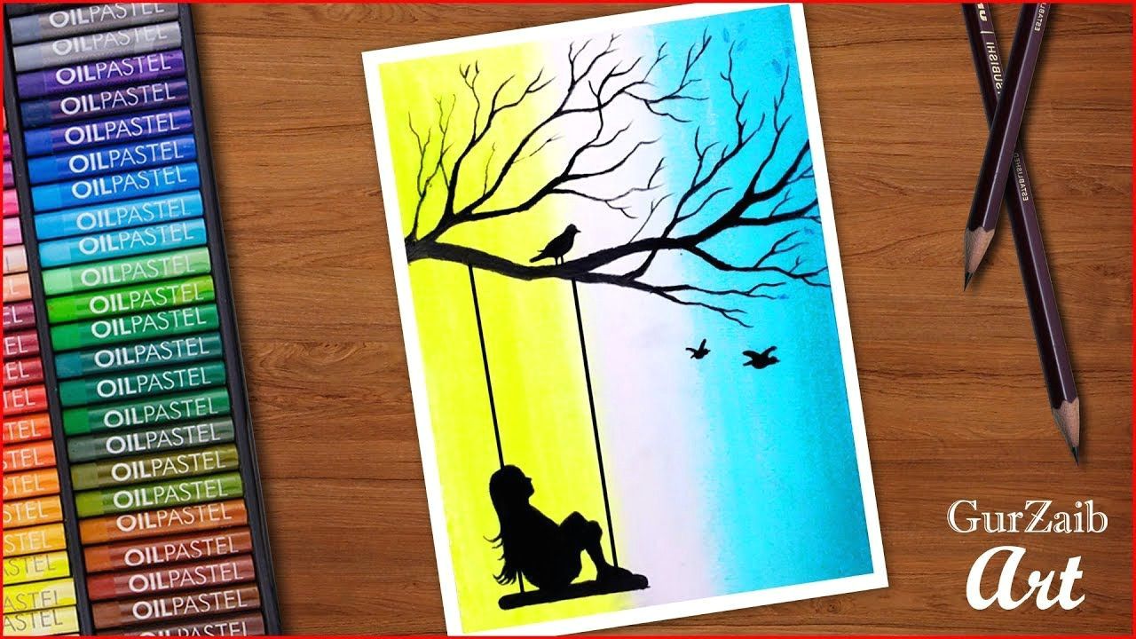 Oil Pastel Colour Drawing Easy Girl On Swing with Birds Drawing for Beginners with Oil