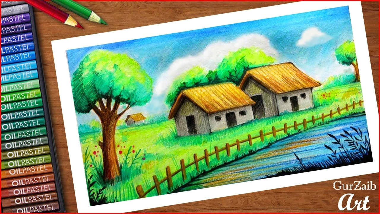 Oil Pastel Colour Drawing Easy Indian Village Huts Scenery with Oil Pastels Step by Step