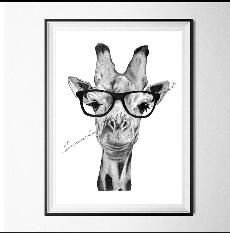 Safari Animal Drawings Giraffe Wearing Glasses Framed Art Print Homeware