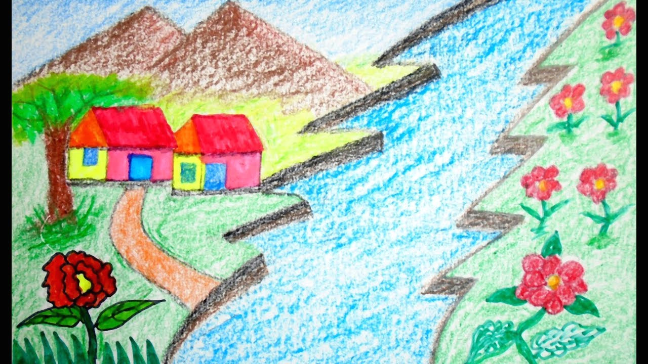 Scenery Drawing Ideas How to Draw Scenery Of House Mountain Drawing for Beginners Easy Drawing Color Landscape