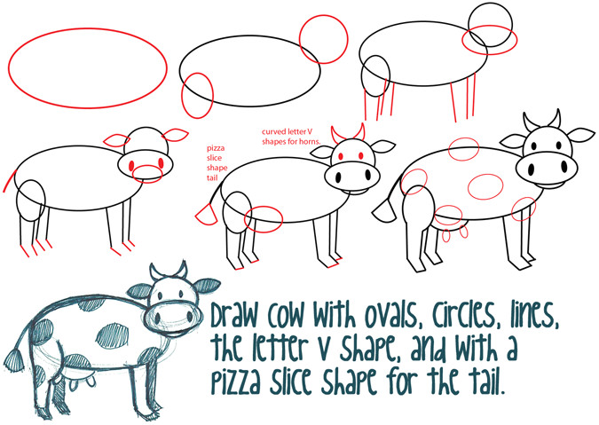 Step How to Draw Animals Big Guide to Drawing Cartoon Cows with Basic Shapes for Kids