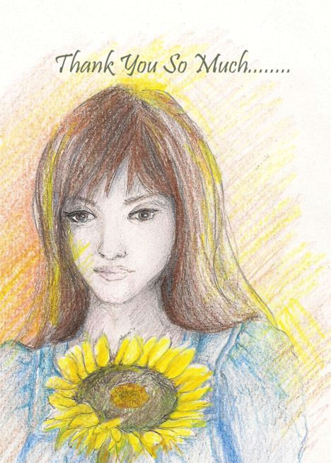Sunflower Girl Drawing Girl and Sunflower Thank You so Much Card Design Cards