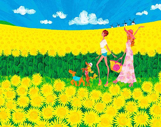 Sunflower Girl Drawing Summer Sunflower Girls with Dogs Illustration by Masaki