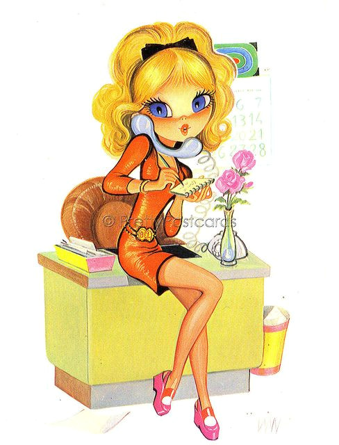 Vintage Retro Girl Drawing the Perfect Secretary Big Eyed Girl Vintage Postcard Art