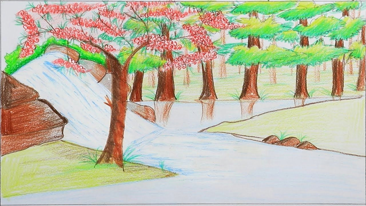 Waterfall Scenery Easy Drawing How to Draw Scenery Of Stream Waterfall Step by Step