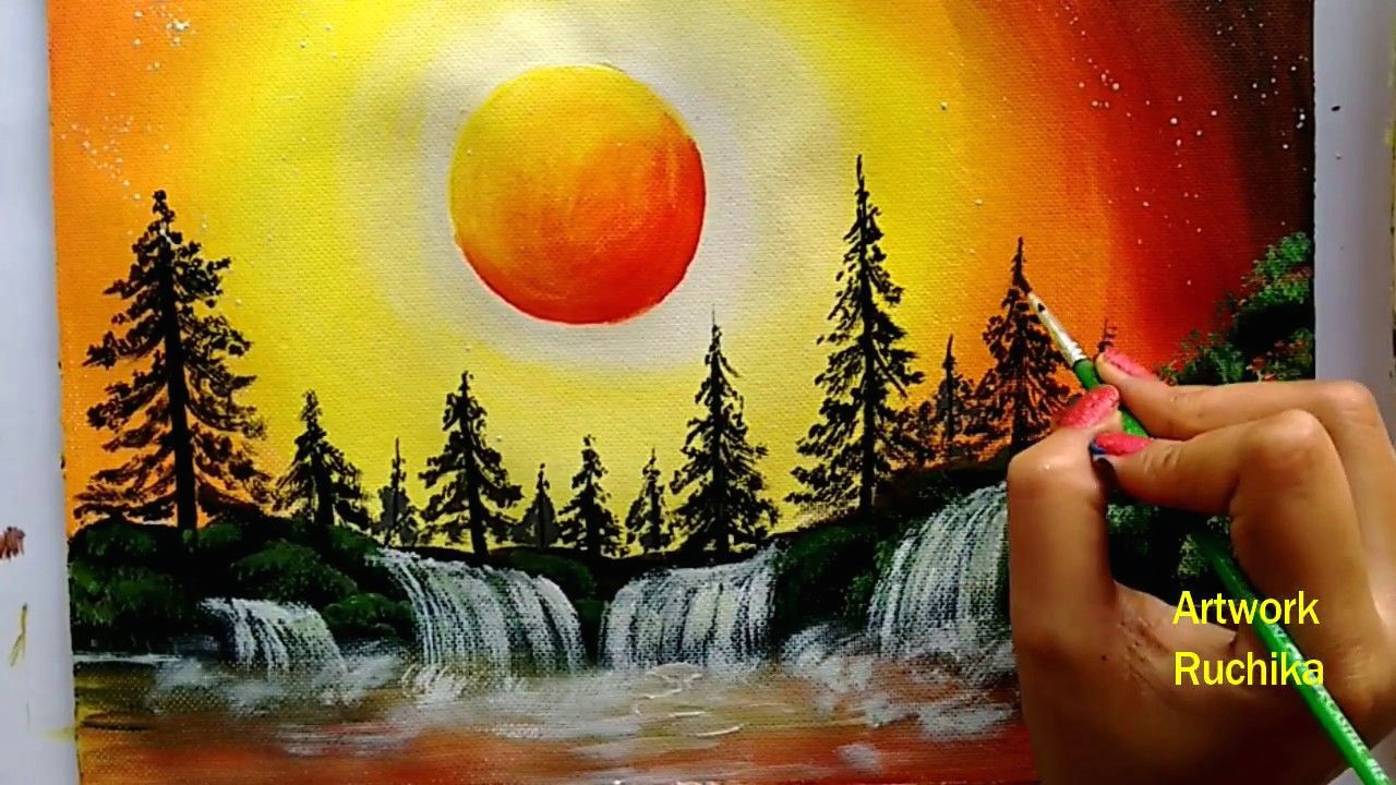 Waterfall Scenery Easy Drawing Waterfall Landscape Painting Sunset Scenery Painting