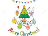 Cartoon Drawing Christmas Tree Merry Christmas Greeting Card with Color Cartoon Funny Birds