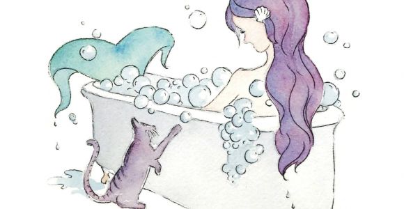 Drawing Of A Girl Bathing Mermaid Bubble Bath Art Prints Set Of 4 5×5 House Mermaid Art