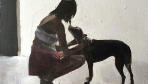 Drawing Of A Girl Walking A Dog Woman Walking Dog Painting Woman Walking Dog Art Print Art Print