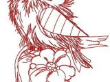 Drawing Of Flowers and Birds Ruffled Sparrow One Color Machine Embroidery Design Red Flower