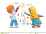 Drawing Of Girl N Boy Muslim Girls and Boy Draw Landscapes On the Walls Stock Vector