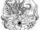 Drawings Of Fish Eyes Kracken attack Square Sail Ship Monster Sea Ship Ocean Water