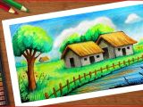 Easy Village Drawings Pencil Indian Village Huts Scenery with Oil Pastels Step by Step
