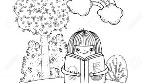 Girl Reading A Book Drawing Happy Little Girl Reading Book with Rainbow Vector Illustration