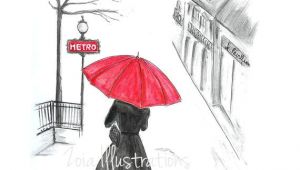 Jc Drawing Tumblr Paris Rain Fashion Illustration Print Red Umbrella French Girl