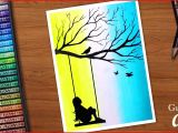 Oil Pastel Colour Drawing Easy Girl On Swing with Birds Drawing for Beginners with Oil