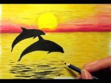 Oil Pastel Colour Drawing Easy Landscape In Colored Pencil Sunset and 2 Dolphins Drawing